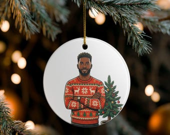Black Man Christmas Ornament, Ugly Christmas Sweater Ceramic Ornament, African American Holiday Keepsake, Melanin Gift for Him, Dad, Husband