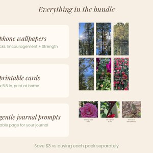 May include: A digital bundle containing 24 phone wallpapers in two packs, 24 printable cards measuring 4.25 x 5.5 inches, and 30 journal prompts. The image displays text listing these items and small previews of nature-themed graphics.