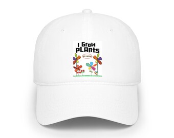 May include: A white baseball cap featuring a graphic print on the front. The design includes the black text "I GROW PLANTS" above a red oval containing the text "NOT WEEDS" and a colorful illustration of various stylized flowers on green stems.