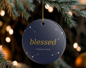 Blessed Christmas Ornament, Navy and Gold Constellation, Celestial Ceramic Ornament, Christian Faith Keepsake, Grateful Blessed Gift