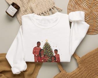 Black Family Christmas Sweatshirt, African American Family by the Tree, Melanin Christmas Crewneck, Cozy Holiday Gift for Mom