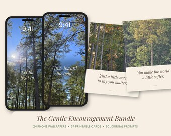 May include: Two smartphones displaying forest wallpapers with the text Let the light in and Grow toward the light, alongside two cards with the text Just a little note to say you matter and You make the world a little softer.