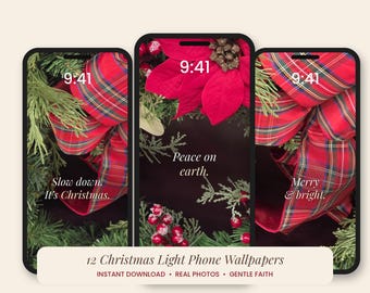 12 Christmas Phone Wallpapers, Christian Christmas Lock Screen, Christmas Lights Background, Poinsettia Faith Quotes, Instant Download