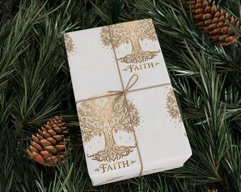 Faith Tree of Life Wrapping Paper, Gold and White Christian Gift Wrap, Elegant Christmas Wrap, Religious Gift Wrap for Baptism, Birthday