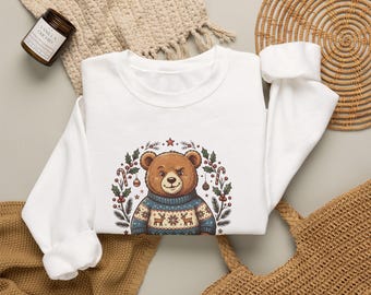 Christmas Teddy Bear Sweatshirt, Merry and Mischief Bear in Ugly Sweater, Cute Vintage Holiday Crewneck, Cozy Christmas Gift for Her