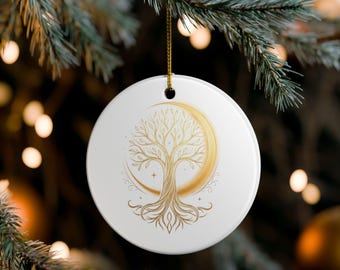 Tree of Life Ornament with Gold Crescent Moon, Celestial Ceramic Christmas Ornament, Family Tree Keepsake, Boho Holiday Decor, Gift for Mom