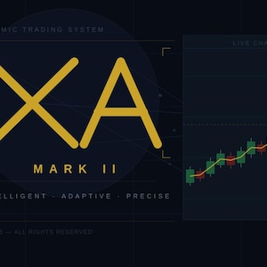 May include: A dark blue graphic with the text "XA MARK II" in yellow. The image includes the phrases "ALGORITHMIC TRADING SYSTEM" and "INTELLIGENT - ADAPTIVE - PRECISE." A live chart shows a green and red line trending upwards, with a +2.4% indicator.