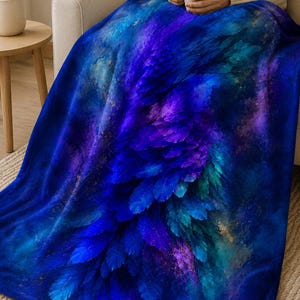 Aurora Nebula Velveteen Plush Blanket | Blue Purple Galaxy Feather Burst
