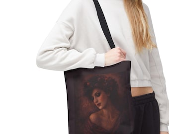 fourre-tout foncé portrait floral de Présence intérieure | Cabas d'art pictural Moody | fourre-tout romantique portrait victorien |