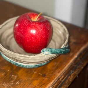 May include: A shiny red apple rests in a decorative ceramic bowl. The bowl has a light gray interior and a teal snake-shaped handle. The bowl sits on a wooden surface.