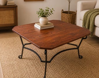 Rustic Solid Wood Coffee Table with Wrought Iron Legs | Handmade Farmhouse Accent Table