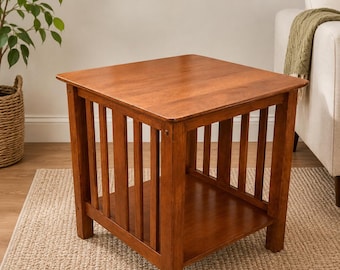 Solid Oak Mission Style End Table with Shelf | Rustic Living Room Accent Nightstand