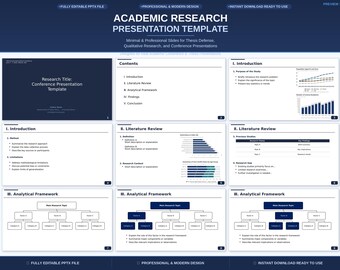 May include: A dark blue academic research presentation template with white text. The template includes sections for introduction, literature review, analytical framework, findings, and conclusion. The design is minimal and professional, suitable for thesis defense and conference presentations.