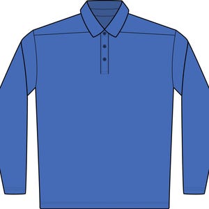 May include: A long-sleeve polo shirt in a solid medium blue color. The garment features a classic collar, a front placket with three visible buttons, and long sleeves with cuffs. The design is simple and uniform, showcasing a clean construction.
