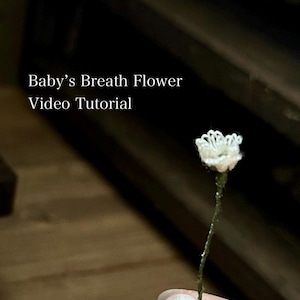 May include: A small, white, crocheted baby's breath flower with a thin, green stem. The text "Baby's Breath Flower Video Tutorial" is visible in the upper left corner of the image, providing a clear label for the content shown.