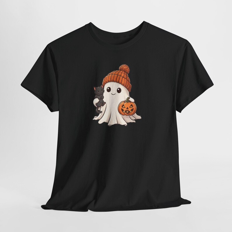 Cute Ghost Tee, Ghost Halloween T-Shirt, Halloween Cat Shirt, Halloween Pumpkin Tee, Gift For Halloween, Spooky Halloween Tee image 2