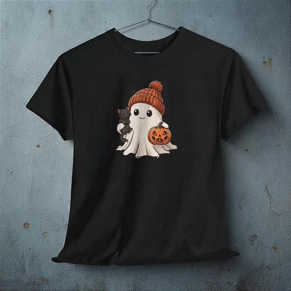 Cute Ghost Tee, Ghost Halloween T-Shirt, Halloween Cat Shirt, Halloween Pumpkin Tee, Gift For Halloween, Spooky Halloween Tee