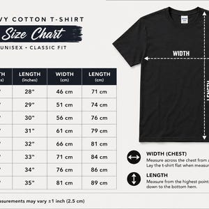 May include: A black heavy cotton t-shirt displayed next to a size chart. The chart lists width and length measurements in inches for sizes S through 5XL. A diagram shows how to measure the width from armpit to armpit and length from shoulder to hem.