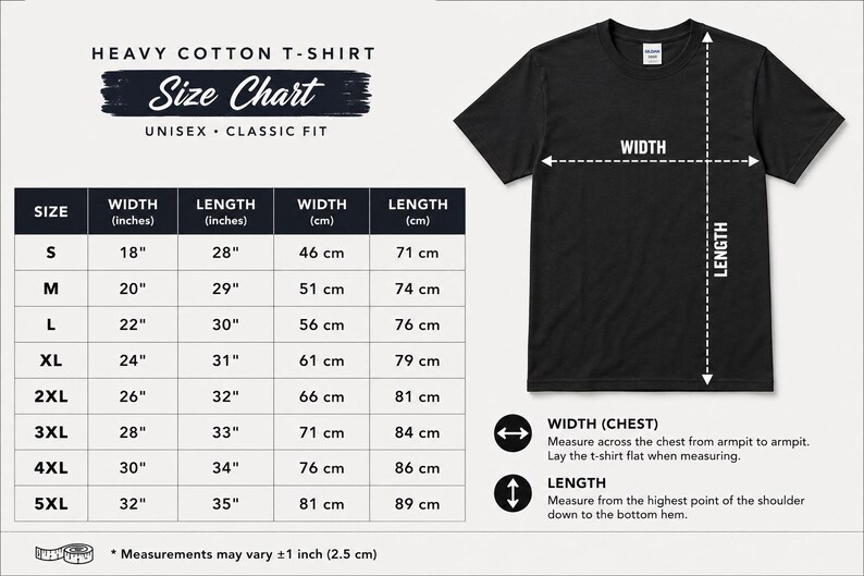 May include: A black heavy cotton t-shirt displayed next to a size chart. The chart lists width and length measurements in inches for sizes S through 5XL. A diagram shows how to measure the width from armpit to armpit and length from shoulder to hem.