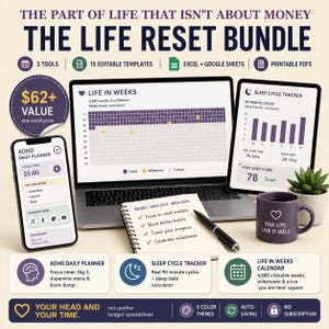 Może przedstawiać: Cyfrowy zestaw planistyczny Life Reset Bundle zawiera planer dzienny ADHD na smartfonie, wykres życia w tygodniach na laptopie oraz tracker cyklu snu na tablecie. Widoczny jest również notatnik spiralny z długopisem oraz fioletowy kubek.