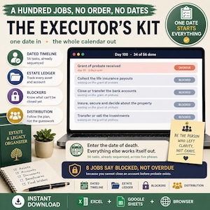 Puede incluir: Un kit digital para albaceas con una computadora portátil que muestra una lista de tareas con estados como vencido y bloqueado. Incluye un organizador de patrimonio verde, un cuaderno de espiral con una lista de verificación y el texto A HUNDRED JOBS, NO ORDER, NO DATES.