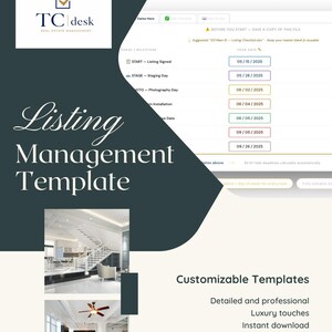May include: A listing management template with a teal and white design. The template includes a real estate logo, a listing timeline, and customizable templates. The text reads "Your listing timeline, built in seconds."