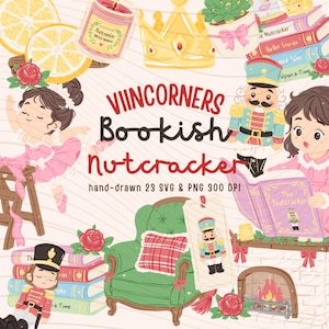 Peut inclure: Un ensemble d'illustrations numériques avec le texte VIINCORNERS Bookish Nutcracker hand-drawn 23 SVG & PNG 300 DPI. Les éléments incluent un casse-noisette, une ballerine, un fauteuil vert, des livres, une cheminée, une bougie et une couronne.