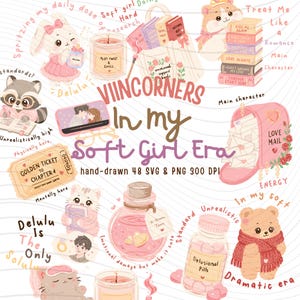 Soft Girl Era Clipart Bundle PNG SVG | Book Lover Clipart | Coquette Aesthetic | Romance Reader | Kawaii Sticker Pack