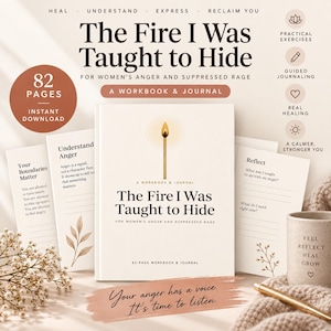 Op de afbeelding: Een werkboek en dagboek getiteld The Fire I Was Taught to Hide for Women's Anger and Suppressed Rage. De kaft toont een illustratie van een brandende lucifer. Het bevat 82 pagina's, praktische oefeningen en begeleide schrijfopdrachten.