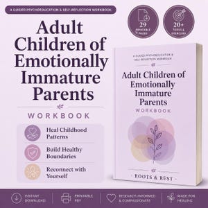 May include: A light purple workbook titled Adult Children of Emotionally Immature Parents. The cover features a line drawing of a plant over overlapping circles. Text includes 29 printable pages, 20+ tools and exercises, and Roots and Rest.