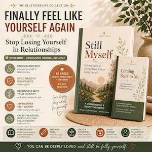 May include: A workbook and companion journal set titled Still Myself and Coming Back to Me. The cover features a landscape illustration with mountains, trees, and a sun. Text includes Finally Feel Like Yourself Again and Stop Losing Yourself in Relationships.