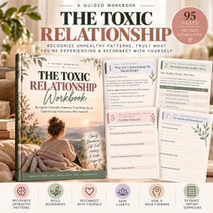 Könnte beinhalten: Ein Arbeitsbuch mit dem Titel The Toxic Relationship Workbook, dessen Einband eine in eine Decke gehüllte Person bei Sonnenuntergang zeigt. Das Buch enthält Innenseiten zu Themen wie Konfliktmuster, Beziehungs-Checks und Grenzen.