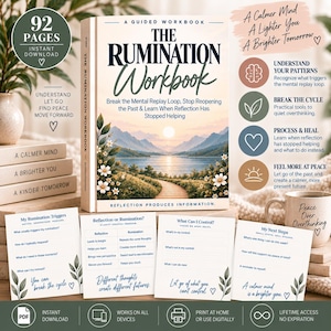 May include: A guided workbook titled The Rumination Workbook with a landscape cover illustration of a path leading to a lake and mountains. The set includes four printed worksheets with prompts for reflection, triggers, control, and next steps.