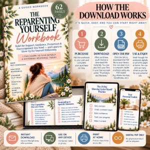 Puede incluir: Un libro de ejercicios digital titulado The Reparenting Yourself Workbook de 62 páginas, con una ilustración de portada de una persona frente a un paisaje montañoso. Incluye instrucciones sobre cómo descargar, usar e imprimir el PDF en dispositivos.