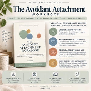 Puede incluir: El libro The Avoidant Attachment Workbook tiene una cubierta de color crema con círculos verdes, azules y naranjas. El texto dice The Avoidant Attachment Workbook, A Practical Guide to Understanding Emotional Distance, Navigating Intimacy & Building Connection Without Losing Yourself e InnerEaseCo.