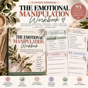 Puede incluir: Un libro de ejercicios titulado The Emotional Manipulation Workbook con un diseño de portada floral. El libro tiene 95 páginas e incluye secciones sobre el reconocimiento de patrones, conflictos y responsabilidad con ejercicios y preguntas.