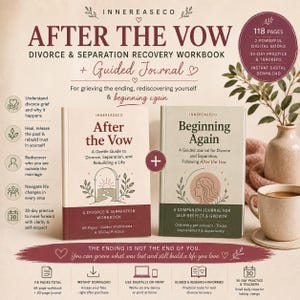 Op de afbeelding: Twee boeken getiteld After the Vow en Beginning Again, een werkboek en begeleid dagboek voor herstel na scheiding en scheiding. De covers bevatten gedempte tinten, botanische illustraties en tekst met details over 118 pagina's en 30 dagen oefening.