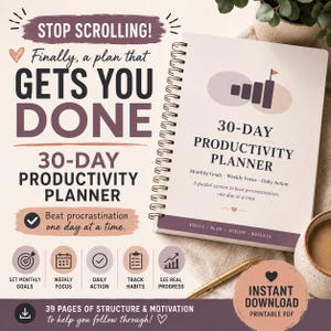 30-Tage-Produktivitätsplaner Printable | Procrastination Planer PDF | Tagesplaner | Arbeitsbuch zur Ziele-Einstellung | Time-Blocking-Planer
