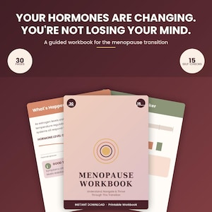 May include: A guided workbook for the menopause transition with the title "MENOPAUSE WORKBOOK" and the text "YOUR HORMONES ARE CHANGING. YOU'RE NOT LOSING YOUR MIND." The workbook features 30 pages and 15 self-checks, presented in a soft pink, green, and dark red color palette.