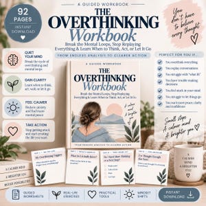 Può includere: Un quaderno di esercizi intitolato The Overthinking Workbook di 92 pagine. La copertina presenta l'illustrazione di una persona che guarda un tramonto sull'acqua. Quattro schede con domande sono davanti, insieme a una tazza.