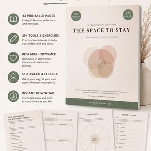 May include: A workbook titled The Space to Stay: Understanding Fear of Intimacy in Relationships. The cover features overlapping circles in muted tones. Four sample pages are displayed below, including Self-Assessment, Trigger Mapping, Values Circle, and Practical Skills worksheets. The text highlights 43 printable pages and 25+ tools and exercises.