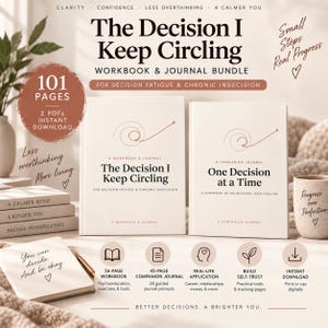 Puede incluir: Un paquete de cuaderno de ejercicios y diario titulado The Decision I Keep Circling y One Decision at a Time. El conjunto incluye 101 páginas en total, con un cuaderno de 56 páginas y un diario complementario de 45 páginas con ejercicios y herramientas.