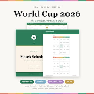 Peut inclure: Un ensemble imprimable pour la Coupe du Monde 2026 comprenant un calendrier des matchs, un tableau à élimination directe et des cartes de bingo. Les documents utilisent des tons vert, crème et blanc avec des icônes de ballon de football.