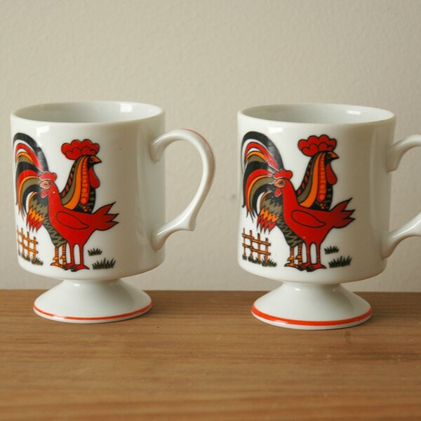 Rooster Mugs Small Footed Cups Pair Farmhouse, Chickens, Hens