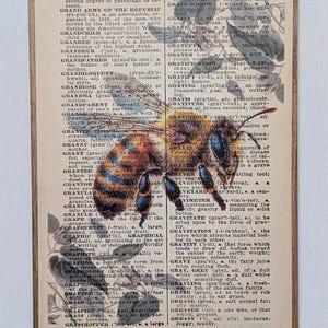 Honey Bee Antique Dictionary Art Print, Mounted Wood Wall Art (5" x 8")