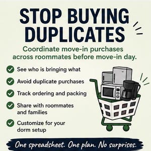 College Roommate Shared Packing List Spreadsheet | Dorm Move-In Checklist for Moms and Freshmen, Google Sheets Template, College Essentials