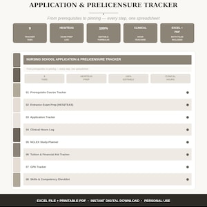 May include: A digital nursing school application and prelicensure tracker spreadsheet. The document includes sections for prerequisite courses, HESI/TEAS exam prep, application tracking, clinical hours, NCLEX study planning, tuition, GPA, and skills checklists.