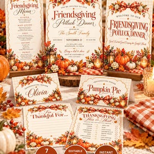 May include: A collection of Friendsgiving stationery featuring a red and white plaid bow, autumn leaves, pumpkins, and lanterns. Includes a menu, invitation, place card, food label, and activity cards with text like Friendsgiving Potluck Dinner.