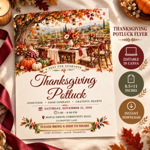 Thanksgiving Potluck Flyer Template, Editable Canva 8.5x11, Vintage Fall Dinner Event