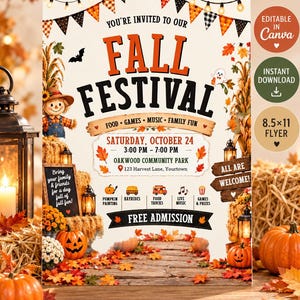 May include: A Fall Festival event flyer featuring orange and black text, a scarecrow, pumpkins, autumn leaves, and string lights. The flyer includes event details for Saturday, October 24, from 3:00 PM to 7:00 PM at Oakwood Community Park, 123 Harvest Lane, Yourtown.